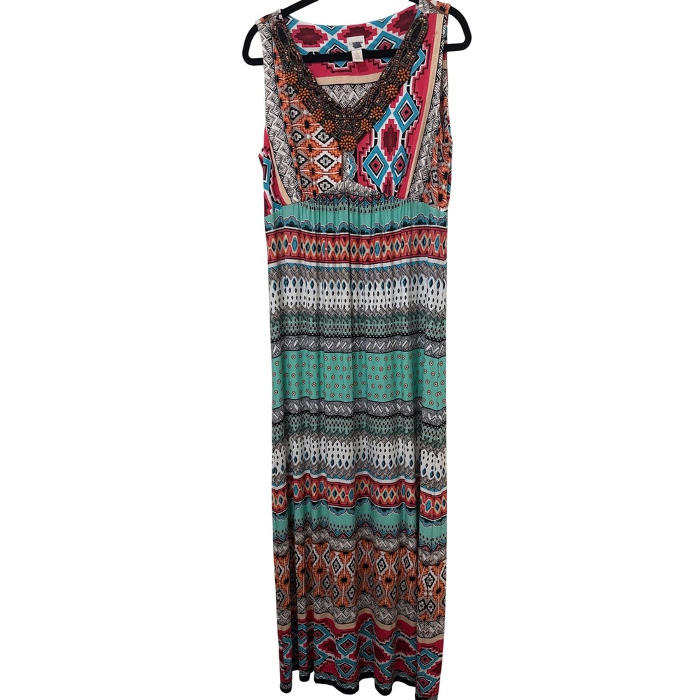 Chicos Womens Beaded V-Neck Geometric Tribal Maxi Dress Size 2 Large Multicolor